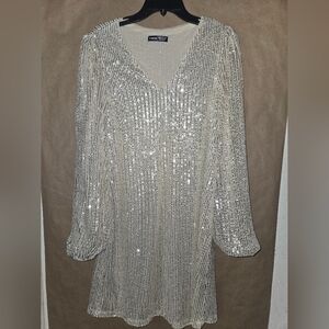 Glamorous Silver Sequin Long Sleeve Dress